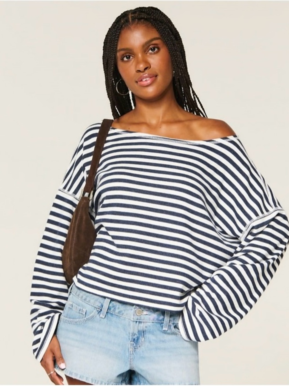 Hollister Navy and White Striped Off-Shoulder Sweater
